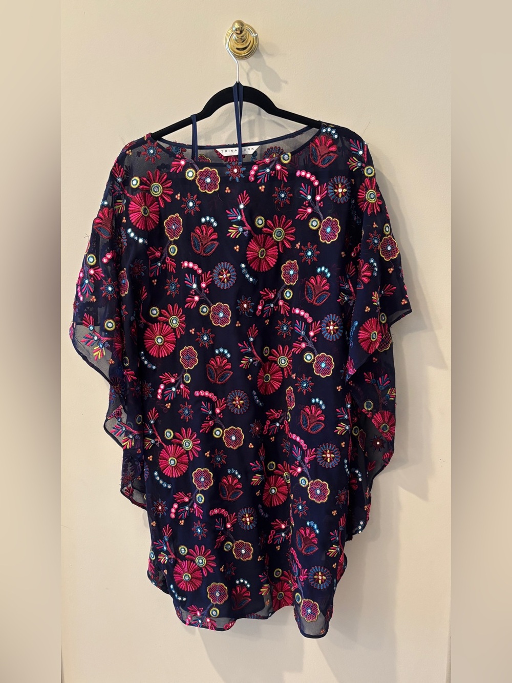Anissa Floral-Embroidered Mini Caftan